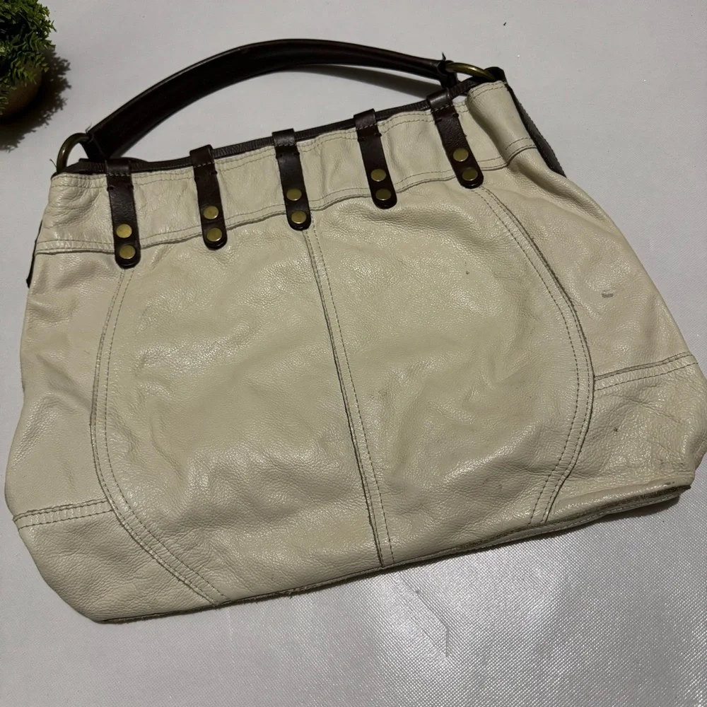 Lucky Brand‎ Cream Brown Leather Large Slouch Shoulder Bag Tote Western Boho